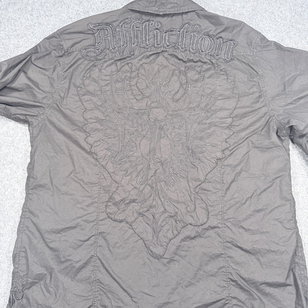 Affliction Mens 2X Black Embroidered Button Down Shirt Winged Skull Long Sleeve